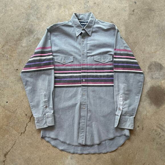 Vintage Wrangler Brushpopper Gray Striped Western Button Up Mens Size 16-33 - Picture 1 of 5